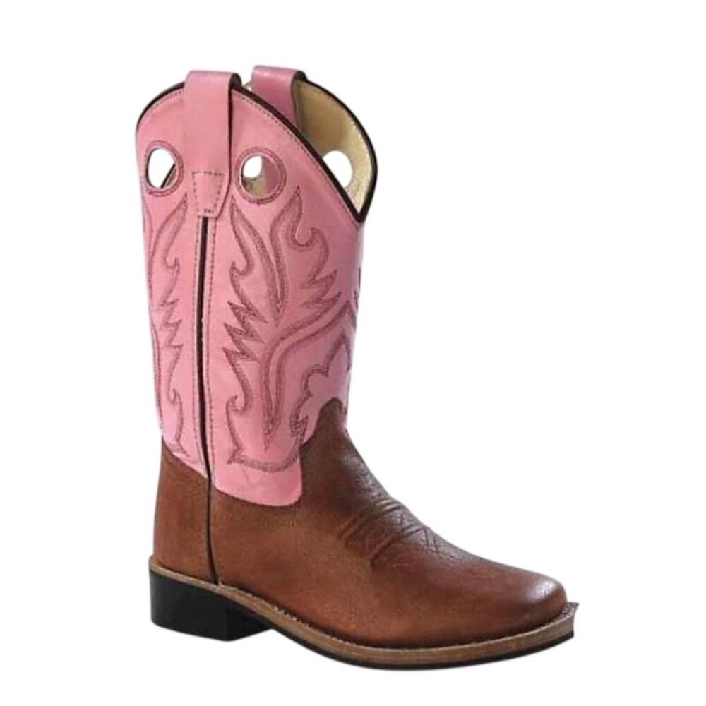 Old West Girls Broad Square Toe Cowgirl Boots Western Brown Pink Size 8.5